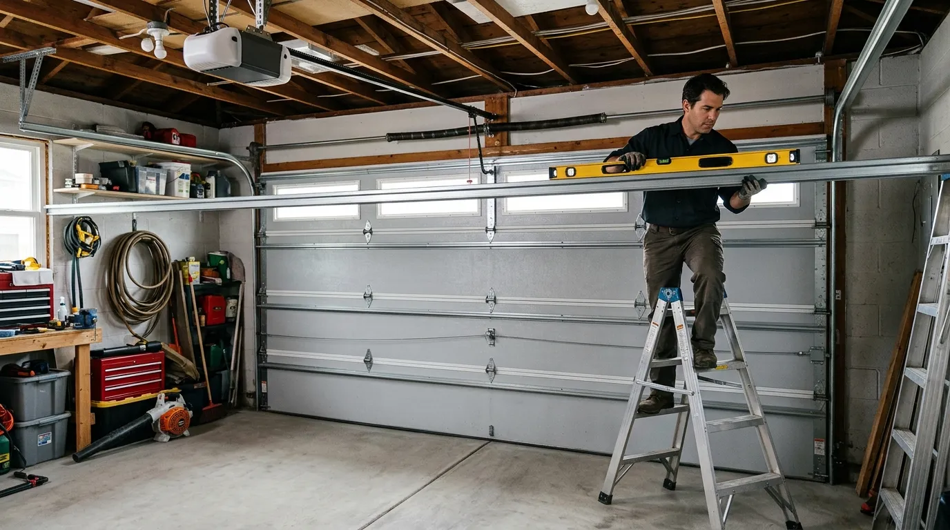 Garage door technician inspecting springs rollers tracks and opener in Chantilly Virginia