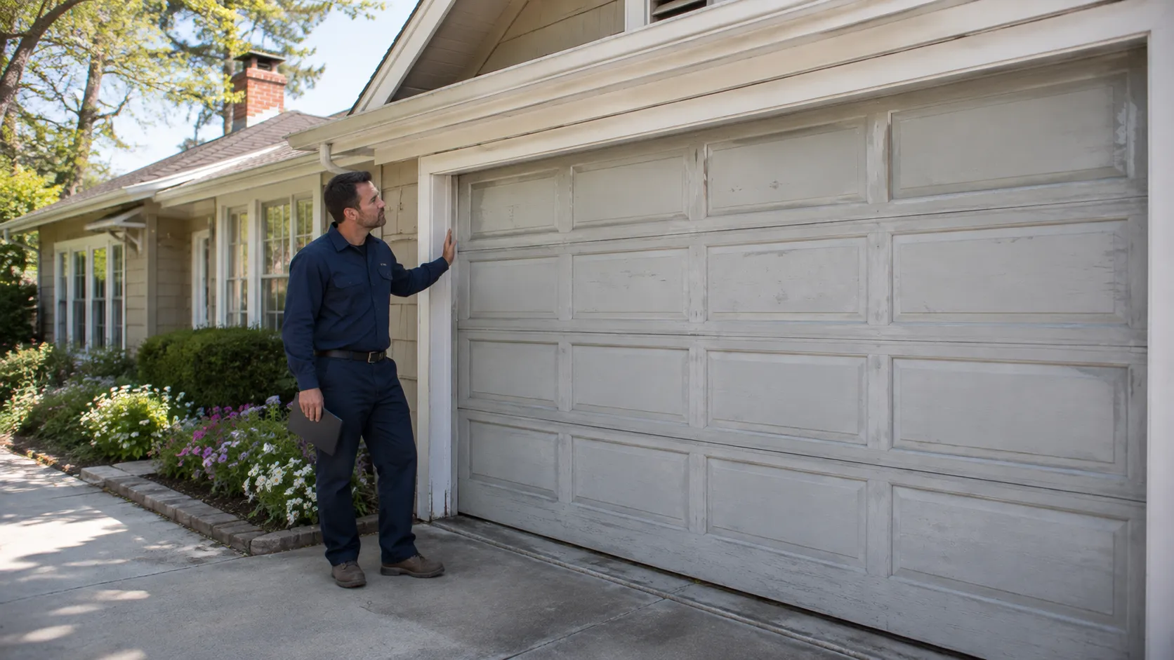 Garage door detail illustrating is that chantilly garage door worth repairing, or time for a new one