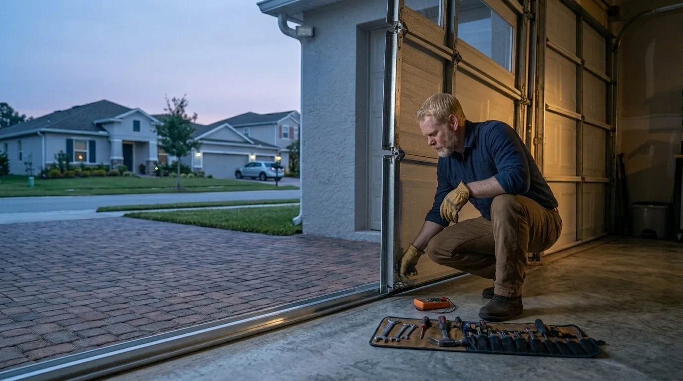Garage door technician repairing a residential garage door in Chantilly Virginia